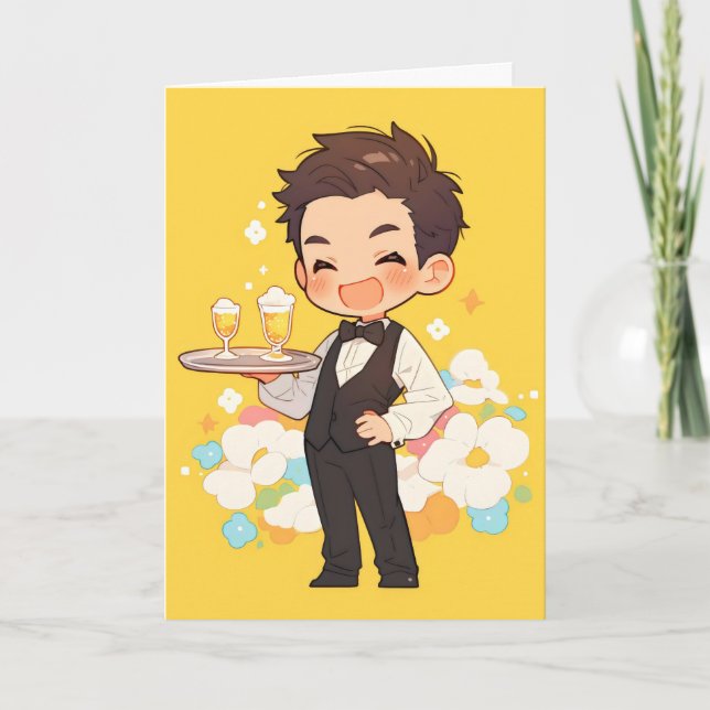 Chibi Anime Boy Bartender Toast Holiday Card (Front)