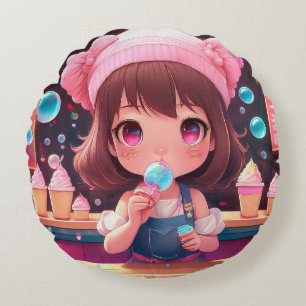 Chibi art Chibi character ice cream Round Cushion