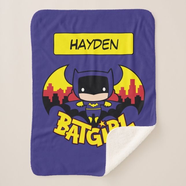 Chibi Batgirl With Gotham Skyline & Logo Sherpa Blanket (Front)