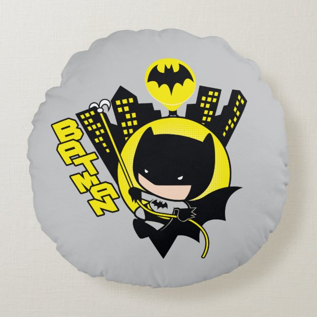 Chibi Batman Scaling The City Round Cushion (Front)