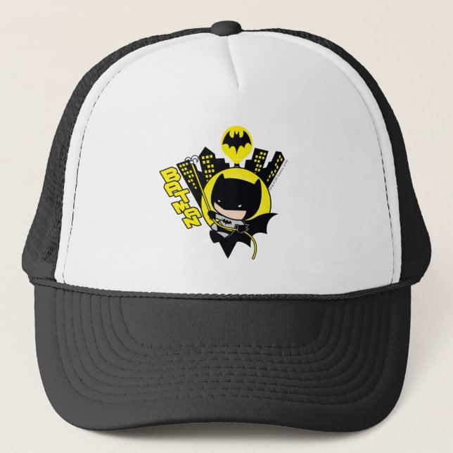 Chibi Batman Scaling The City Trucker Hat (Front)
