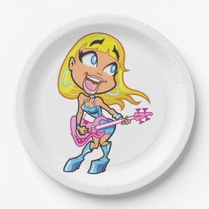 Chibi Blonde Girl Rocker Playing Pink Bass Guitar Paper Plate