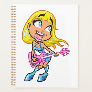 Chibi Blonde Girl Rocker Playing Pink Bass Guitar Planner