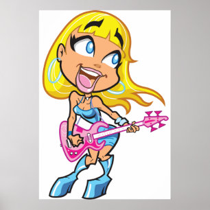 Chibi Blonde Girl Rocker Playing Pink Bass Guitar Poster
