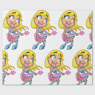 Chibi Blonde Girl Rocker Playing Pink Bass Guitar Wrapping Paper