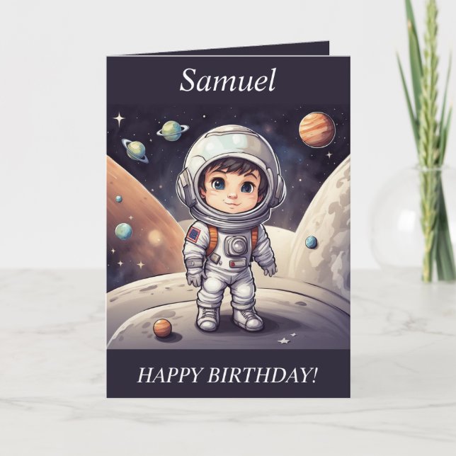 Chibi Boy Astronaut Outer Space Birthday Card (Front)
