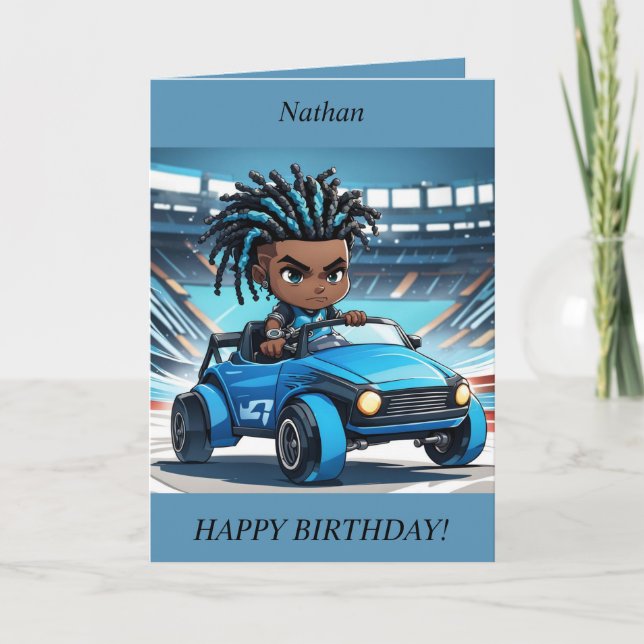 Chibi Boy dreads racing car Birthday Card (Front)
