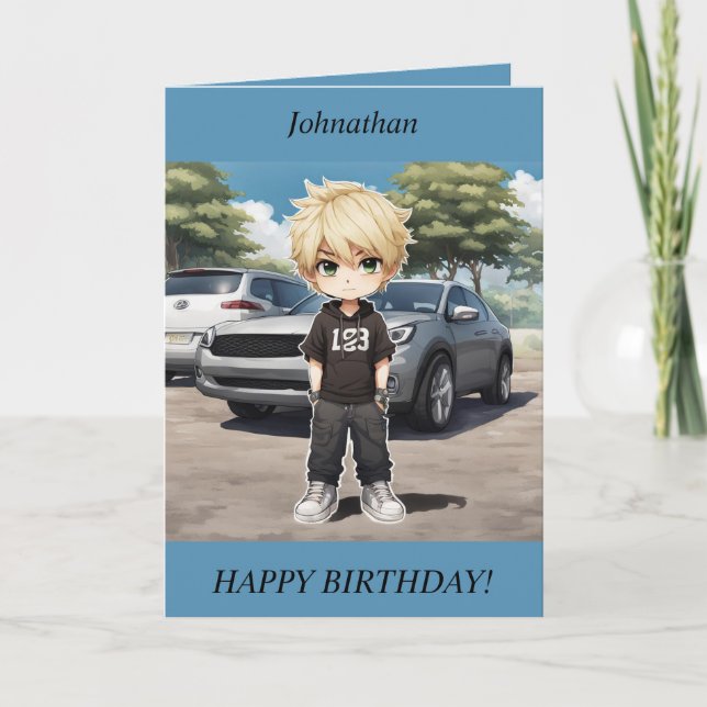 Chibi Boy standing by a car Birthday Card (Front)