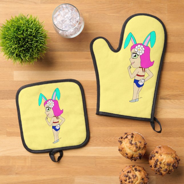 chibi bunnygirl    oven mitt & pot holder set (Top Down)