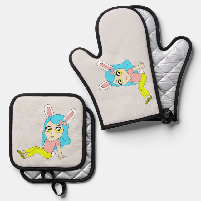 chibi bunnygirl     oven mitt & pot holder set (Front/Back)