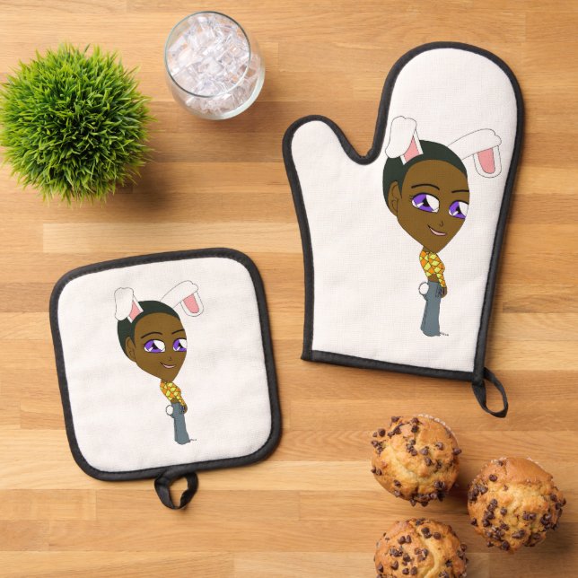 chibi bunnygirl   oven mitt & pot holder set (Top Down)