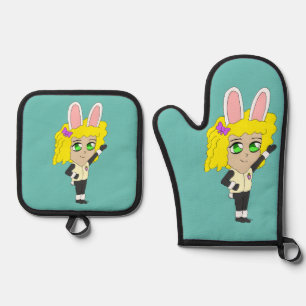 chibi bunnygirl oven mitt & pot holder set