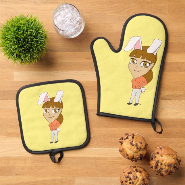 chibi bunnygirl   oven mitt & pot holder set (Top Down)