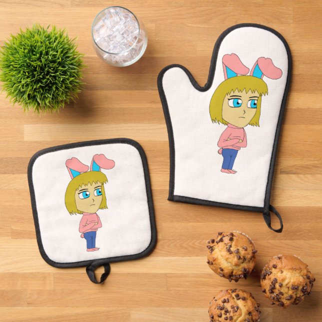 chibi bunnygirl  oven mitt & pot holder set (Top Down)