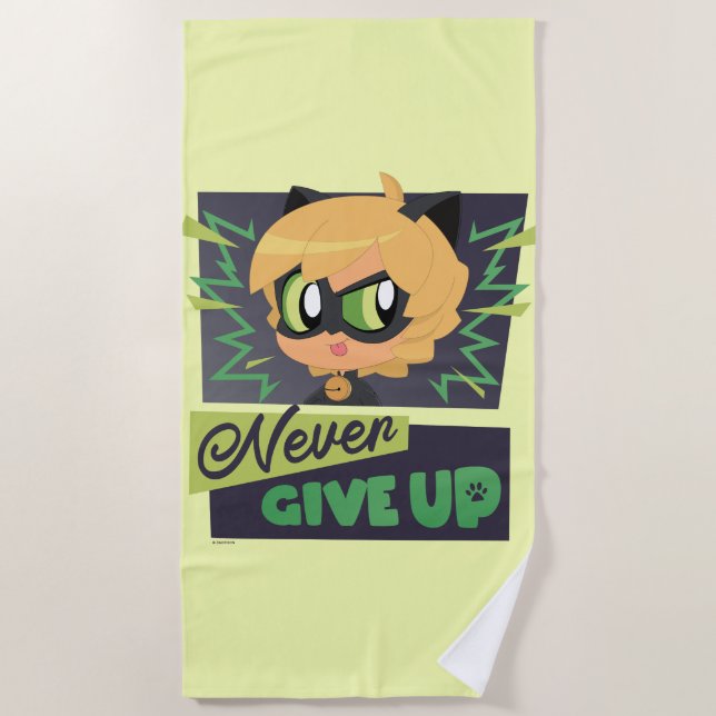 Chibi Cat Noir Never Give Up Beach Towel (Front)