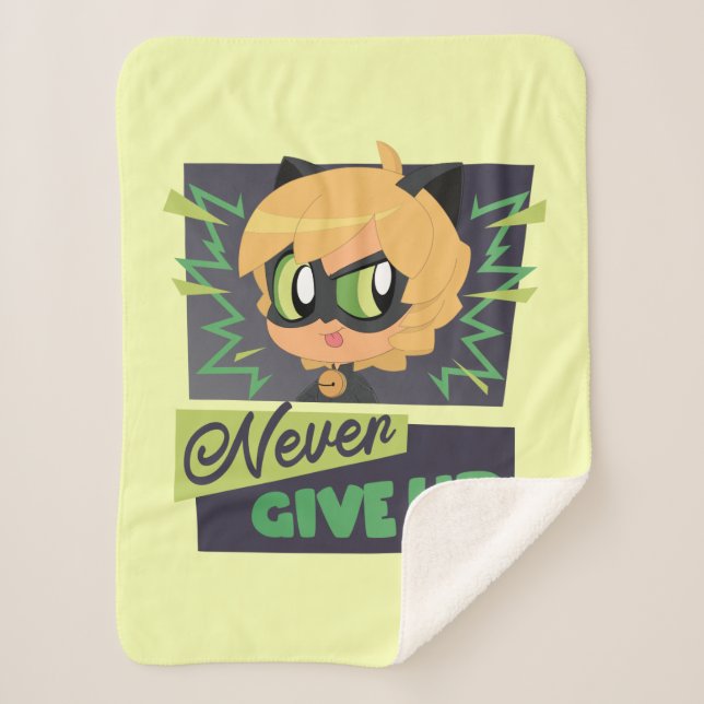 Chibi Cat Noir Never Give Up Sherpa Blanket (Front)