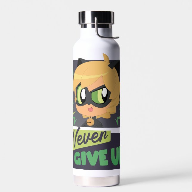 Chibi Cat Noir Never Give Up Water Bottle (Left)