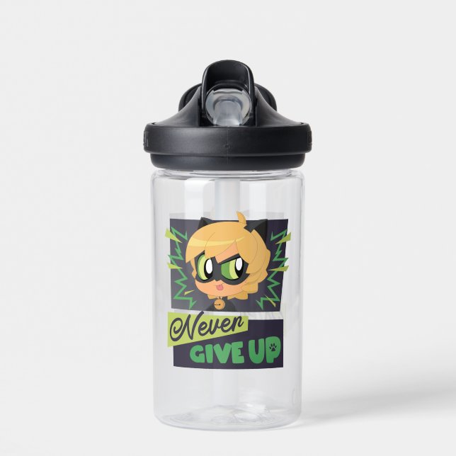 Chibi Cat Noir Never Give Up Water Bottle (Front)