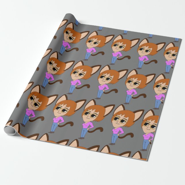 chibi catgirl button wrapping paper (Unrolled)