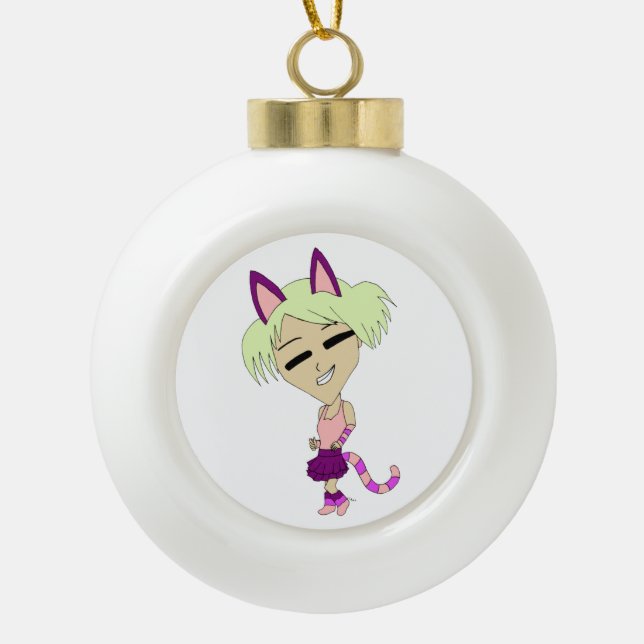 chibi catgirl   ceramic ball christmas ornament (Front)
