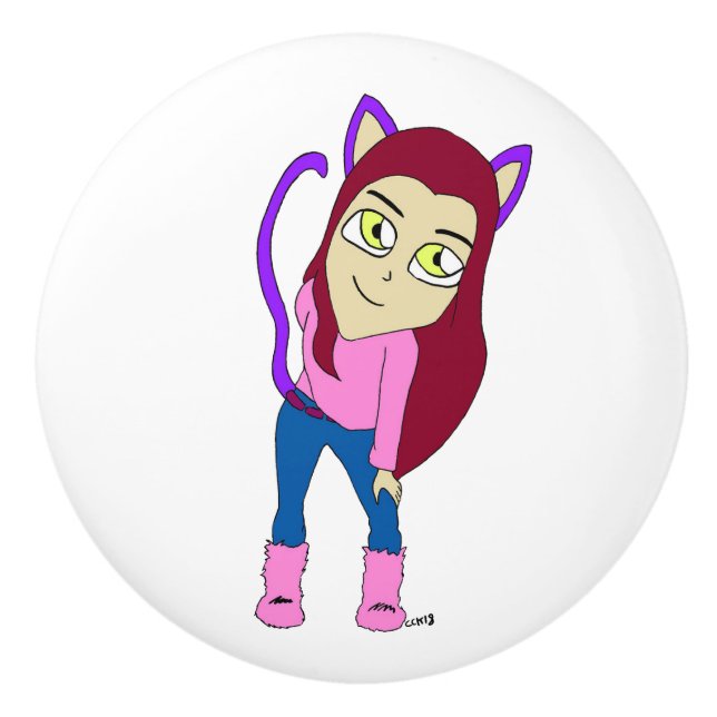 chibi catgirl      ceramic knob (Front)