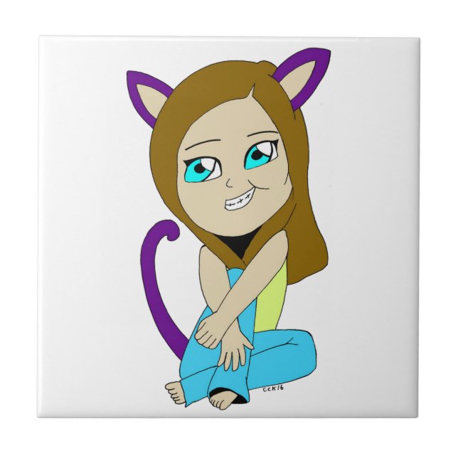 chibi catgirl  ceramic tile (Front)