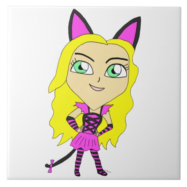 chibi catgirl  ceramic tile (Front)