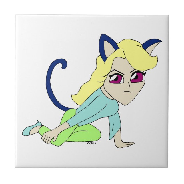 chibi catgirl  ceramic tile (Front)