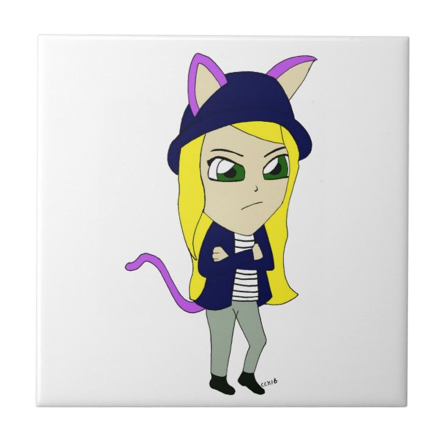 chibi catgirl  ceramic tile (Front)