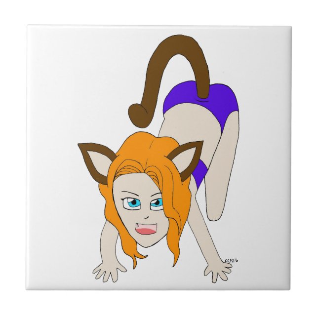 chibi catgirl  ceramic tile (Front)