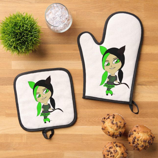 chibi catgirl     oven mitt & pot holder set (Top Down)