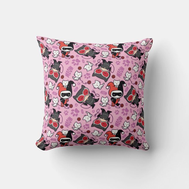 Chibi Catwoman, Harley Quinn, & Kittens Pattern Cushion (Front)