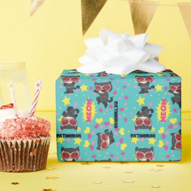 Chibi Catwoman Pattern Wrapping Paper (Birthday Party)