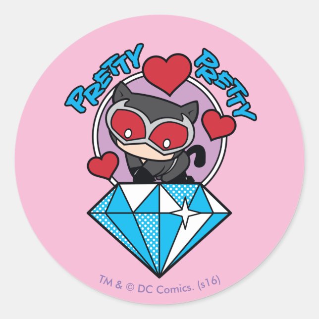 Chibi Catwoman Sitting Atop Large Diamond Classic Round Sticker (Front)