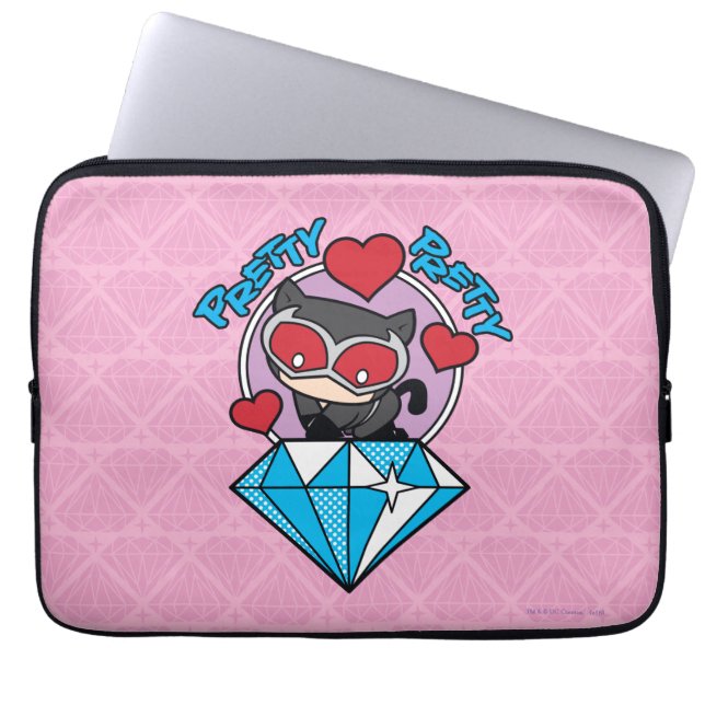 Chibi Catwoman Sitting Atop Large Diamond Laptop Sleeve (Front)