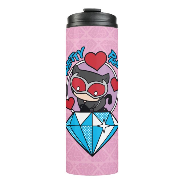 Chibi Catwoman Sitting Atop Large Diamond Thermal Tumbler (Front)