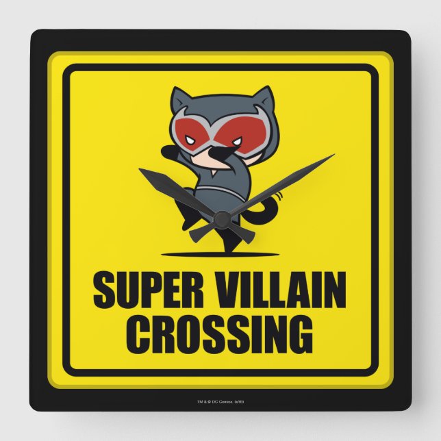 Chibi Catwoman Super Villain Crossing Sign Square Wall Clock (Front)