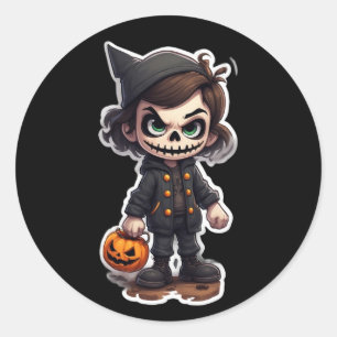 Chibi character wearing skeleton halloween costume classic round sticker