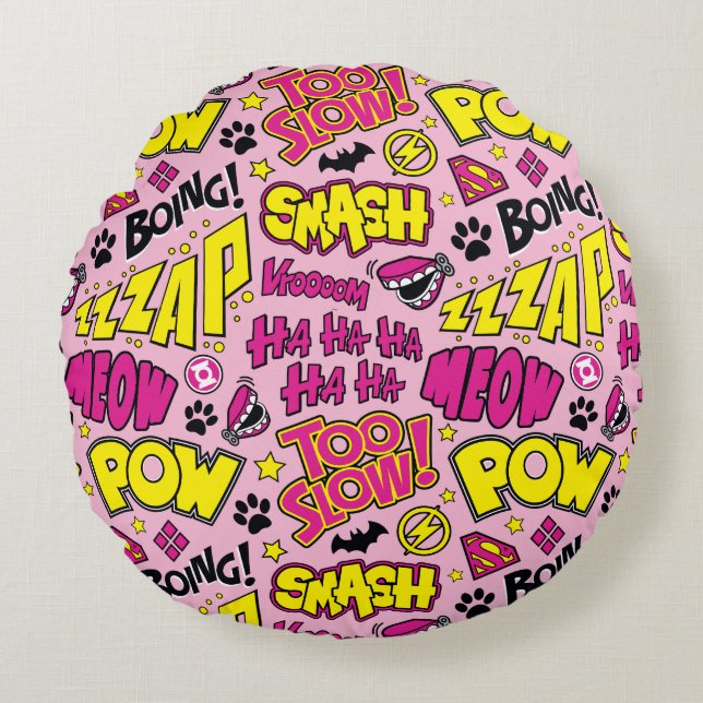 Chibi Comic Phrases and Logos Pattern Round Cushion (Front)