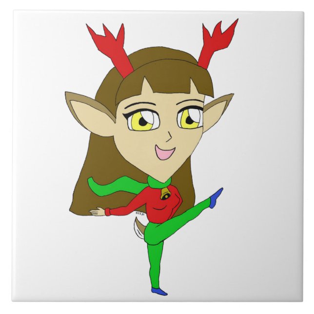 chibi dancing reindeer girl     ceramic tile (Front)