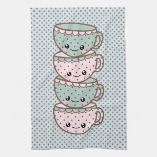 Chibi Dotty Teacup Stack Pink and Blue Tea Towel