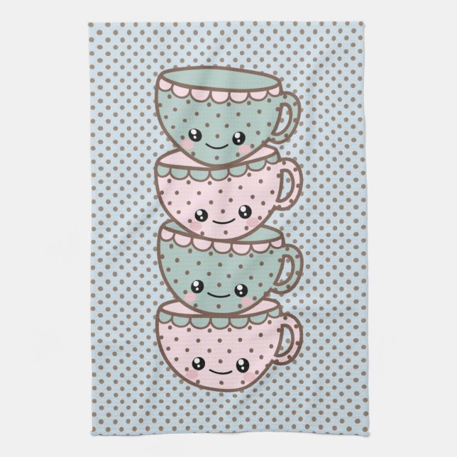 Chibi Dotty Teacup Stack Pink and Blue Tea Towel (Vertical)