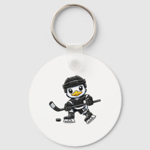 Chibi Duck Playing Ice Hockey Cute Design Key Ring