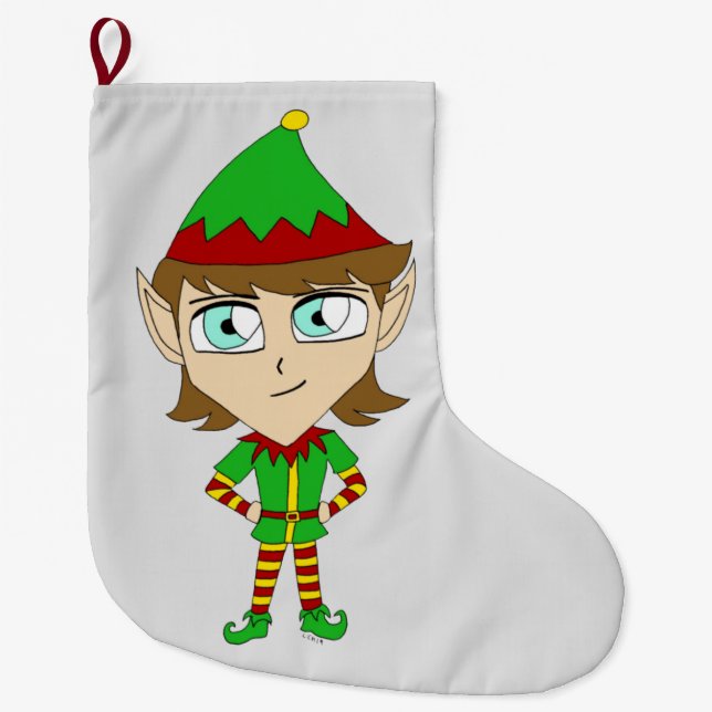 chibi elf button large christmas stocking (Front)