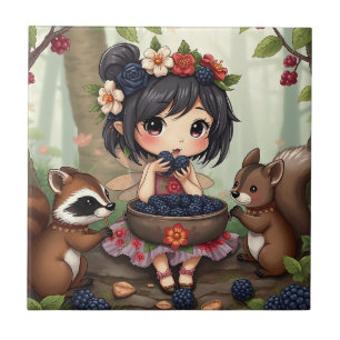 Chibi Fairy Eating Blackberries with Forest Friend Ceramic Tile