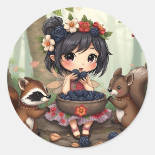 Chibi Fairy Eating Blackberries with Forest Friend Classic Round Sticker
