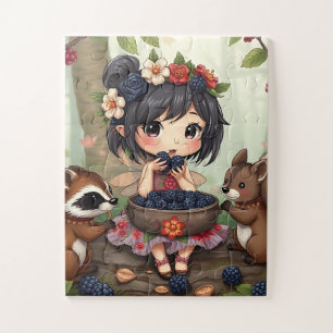 Chibi Fairy Eating Blackberries with Forest Friend Jigsaw Puzzle
