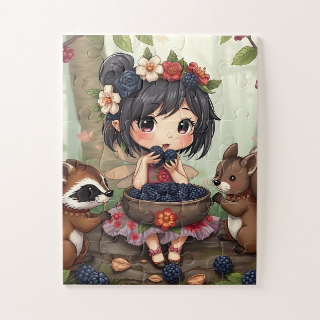 Chibi Fairy Eating Blackberries with Forest Friend Jigsaw Puzzle (Vertical)