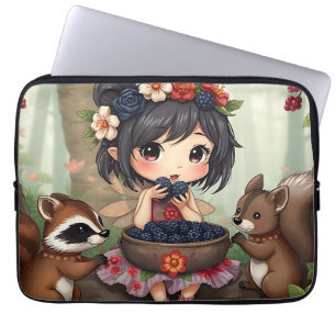 Chibi Fairy Eating Blackberries with Forest Friend Laptop Sleeve
