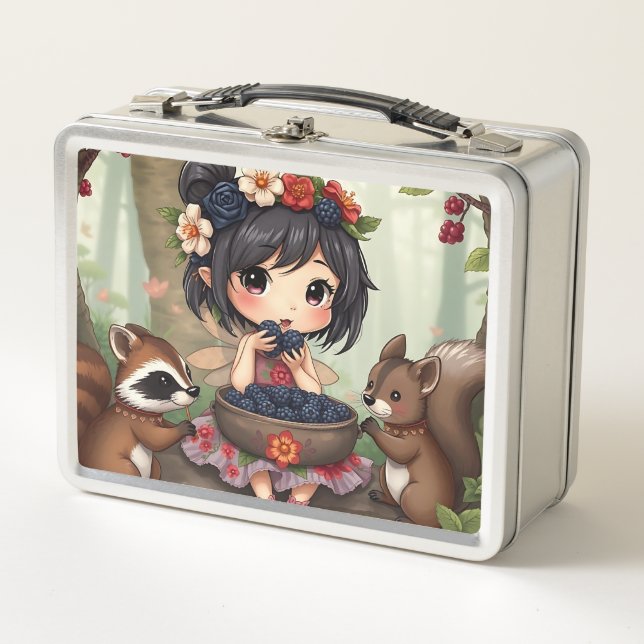 Chibi Fairy Eating Blackberries with Forest Friend Metal Lunch Box (Front)